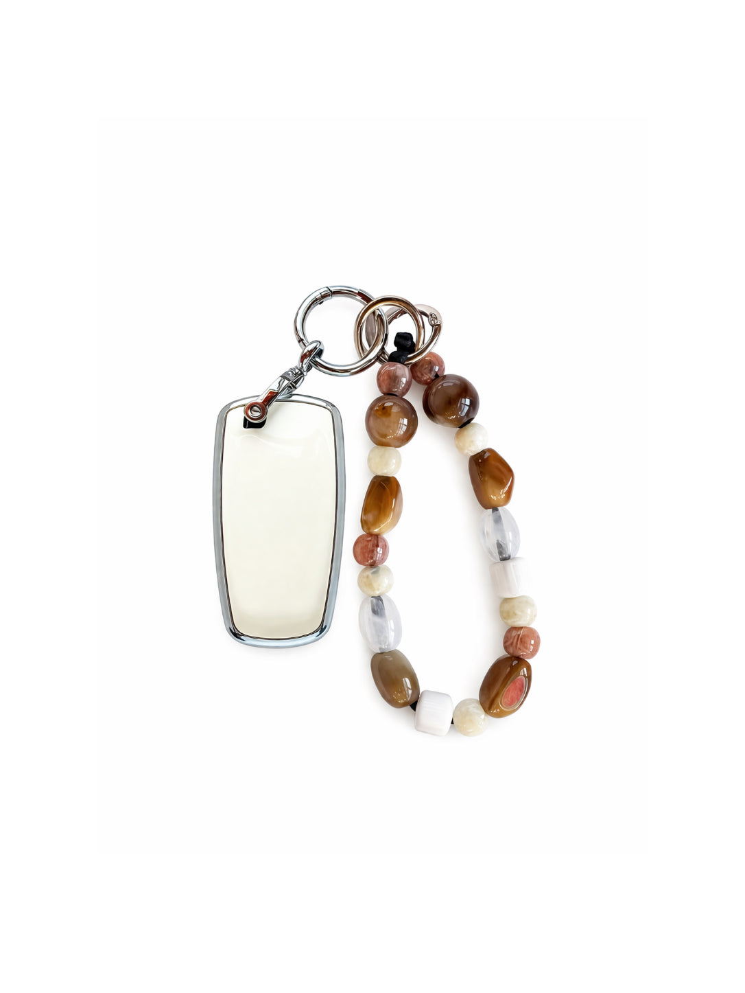 White Ford car key fob cover case with Bohemian and minimalism style agate color beaded wrist strap key chain, displayed on a white background.