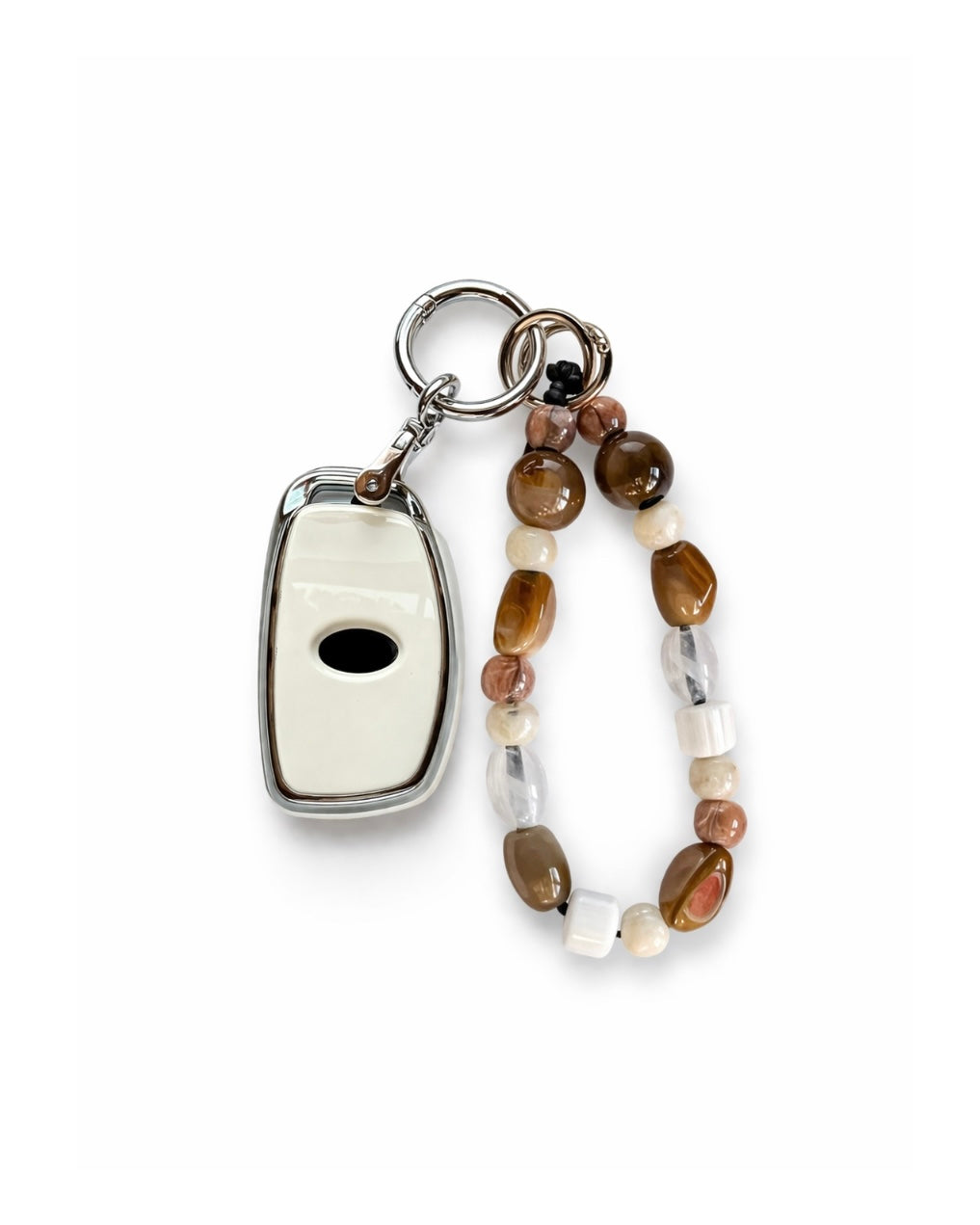 White Hyundai car key fob cover case with Bohemian and minimalism style agate color beaded wrist strap key chain, displayed on a white background.