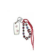 White Bmw key fob case with pastel plaid heart design, paired with a handmade beaded keychain featuring cute patterned beads, and a red braided cord on a white background.