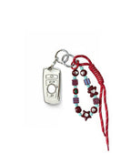 White Bmw key fob case with pastel plaid heart design, paired with a handmade beaded keychain featuring cute patterned beads, and a red braided cord on a white background.
