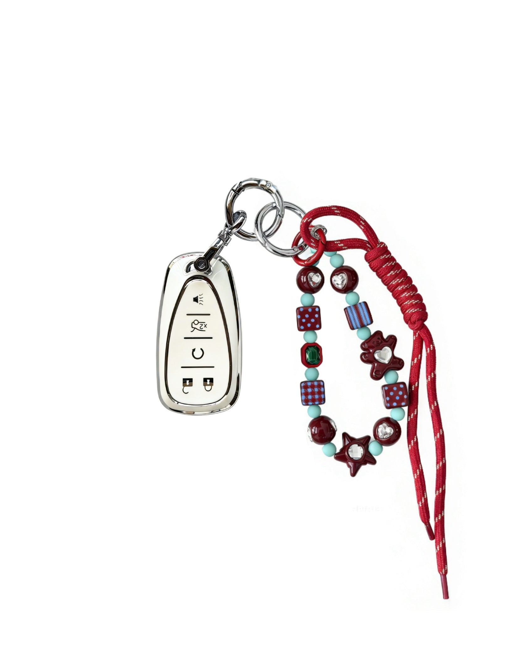 White Chevrolet key fob case with pastel plaid heart design, paired with a handmade beaded keychain featuring cute patterned beads, and a red braided cord on a white background.