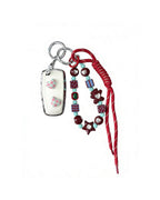 White Ford car key fob cover case with pastel plaid heart design, paired with a handmade beaded keychain featuring cute patterned beads, and a red braided cord on a white background.
