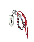 White Hyundai key fob case with pastel plaid heart design, paired with a handmade beaded keychain featuring cute patterned beads, and a red braided cord on a white background.