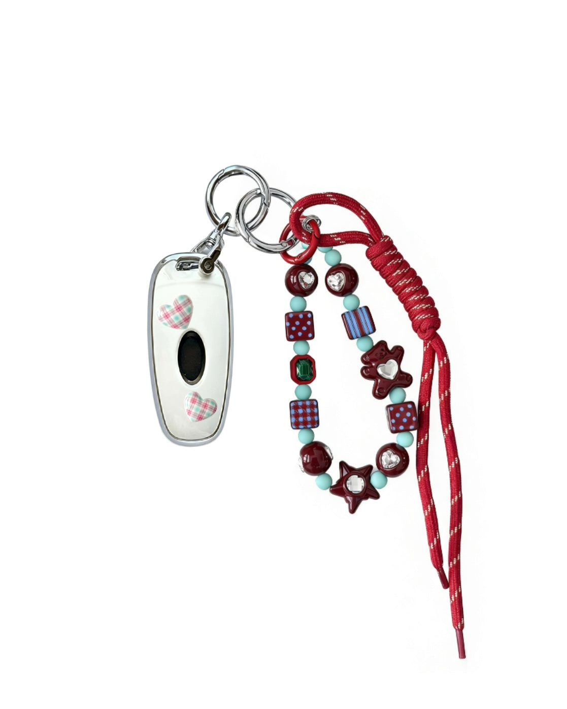 White Hyundai key fob case with pastel plaid heart design, paired with a handmade beaded keychain featuring cute patterned beads, and a red braided cord on a white background.