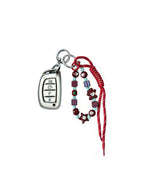 White Hyundai key fob case with pastel plaid heart design, paired with a handmade beaded keychain featuring cute patterned beads, and a red braided cord on a white background.