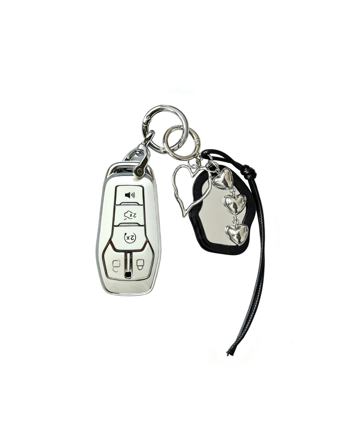 White Ford key fob case with black mirror and silver bow keychain