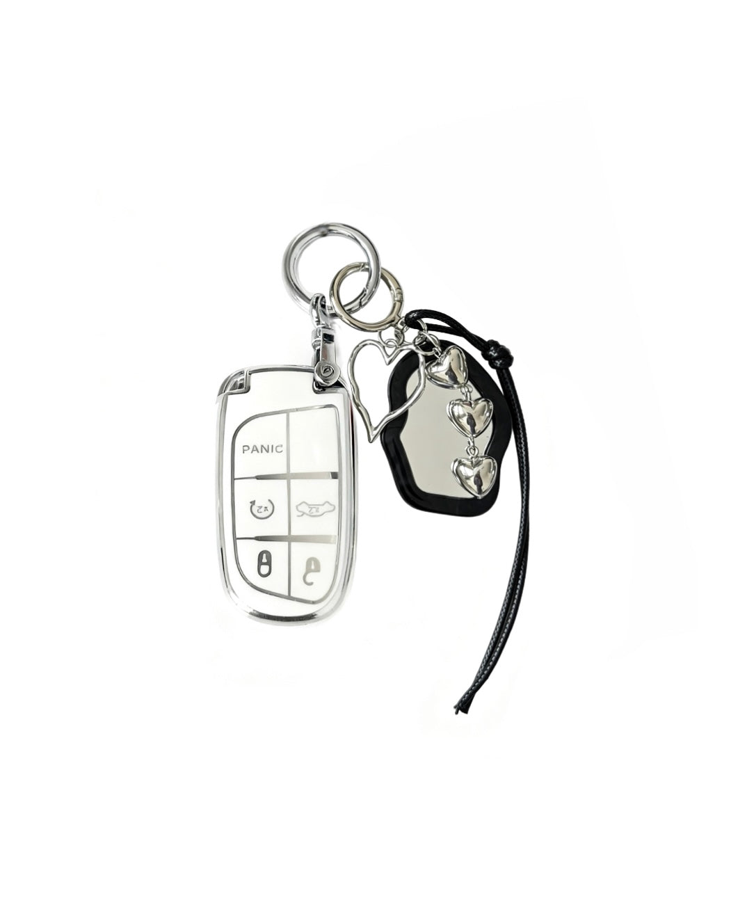 White Jeep key fob case with black mirror and silver bow keychain