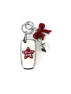 White Ford car key fob cover case with red bow keychain with silver heart charm featuring a red “nice day” star design on a white background. Cute aesthetic bag charm and trendy car key accessory for women.